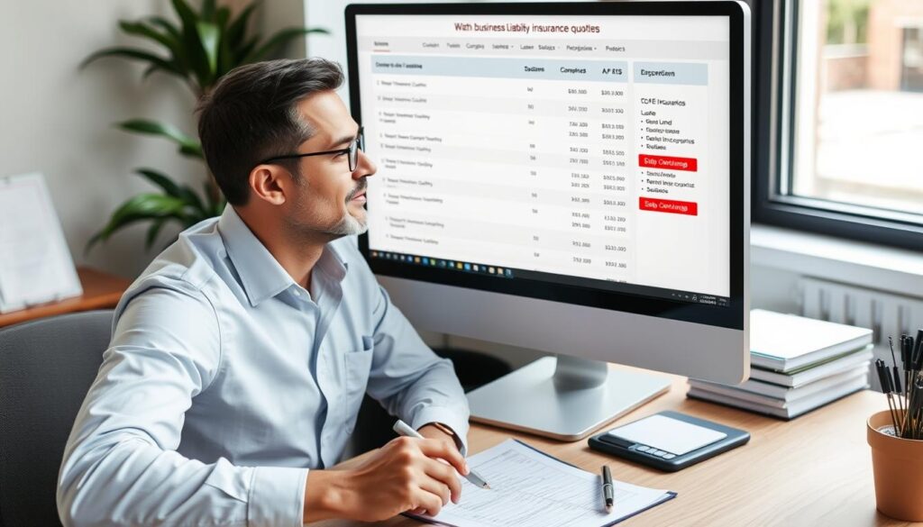 Business owner comparing business liability insurance quotes on computer