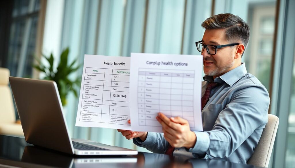 Business owner comparing different health benefit options for employees
