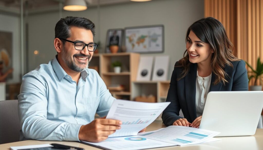 Business owner confidently reviewing optimized insurance portfolio