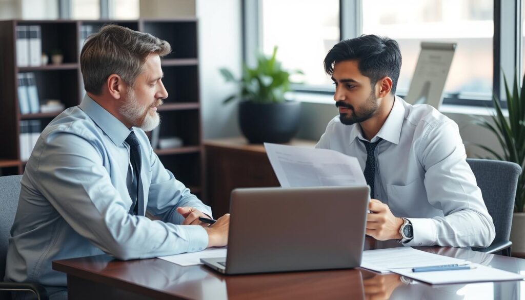 Business owner consulting with insurance agent about liability coverage