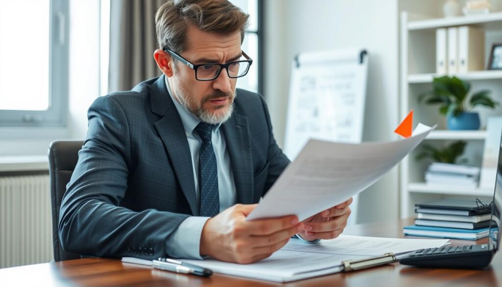 Business owner looking concerned while reviewing inadequate insurance policy