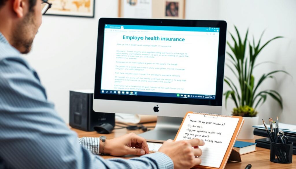 Business owner researching employee health insurance options