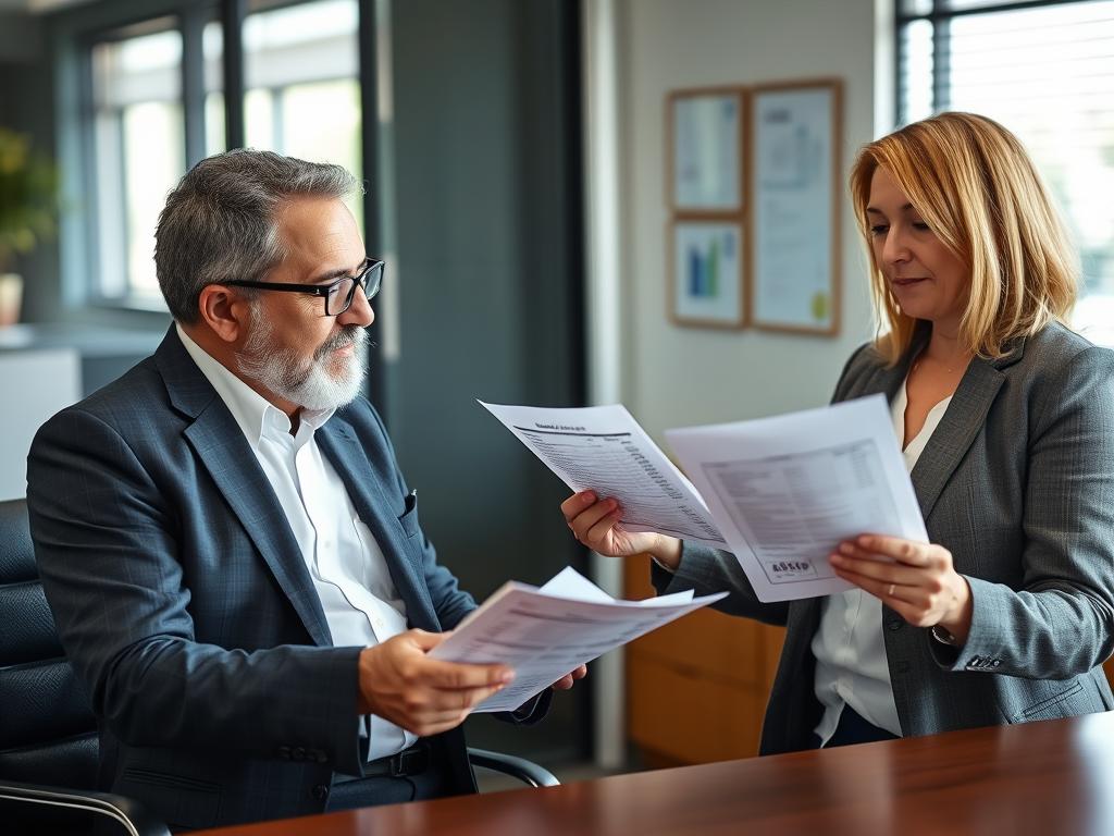 Business owner reviewing commercial auto insurance quote with agent