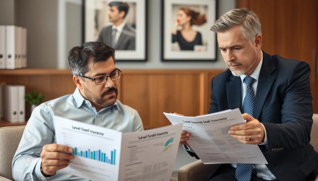 Business owner reviewing level-funded health insurance plan documents with an insurance agent