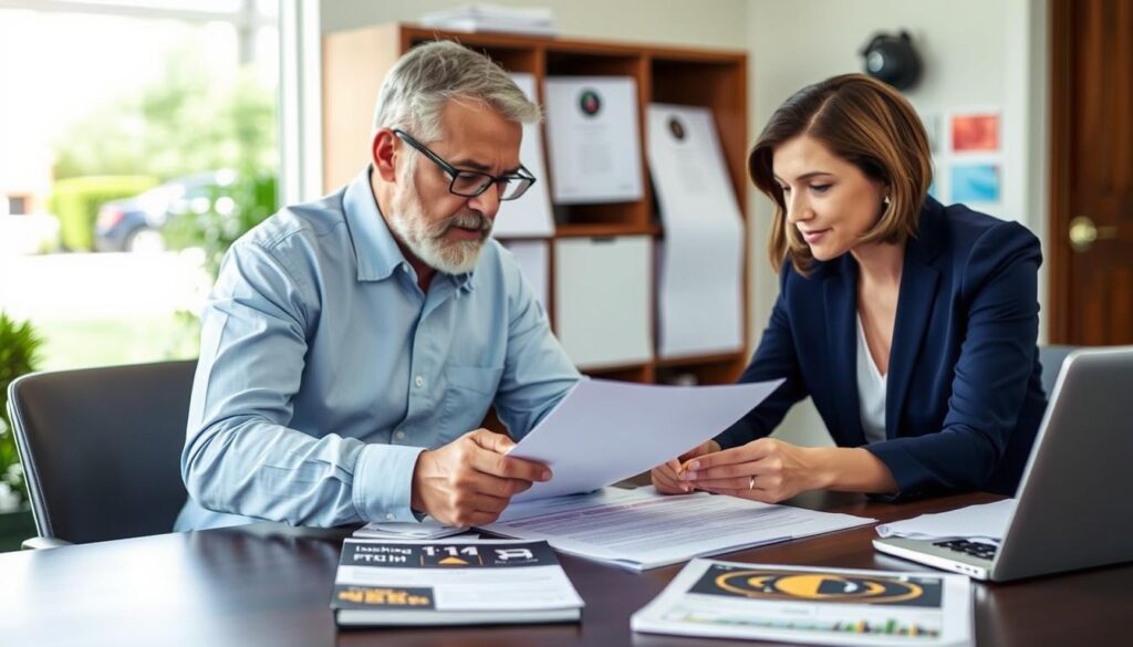 Business owner reviewing parking business insurance coverage guide with agent Business owner reviewing parking business insurance coverage guide with agent