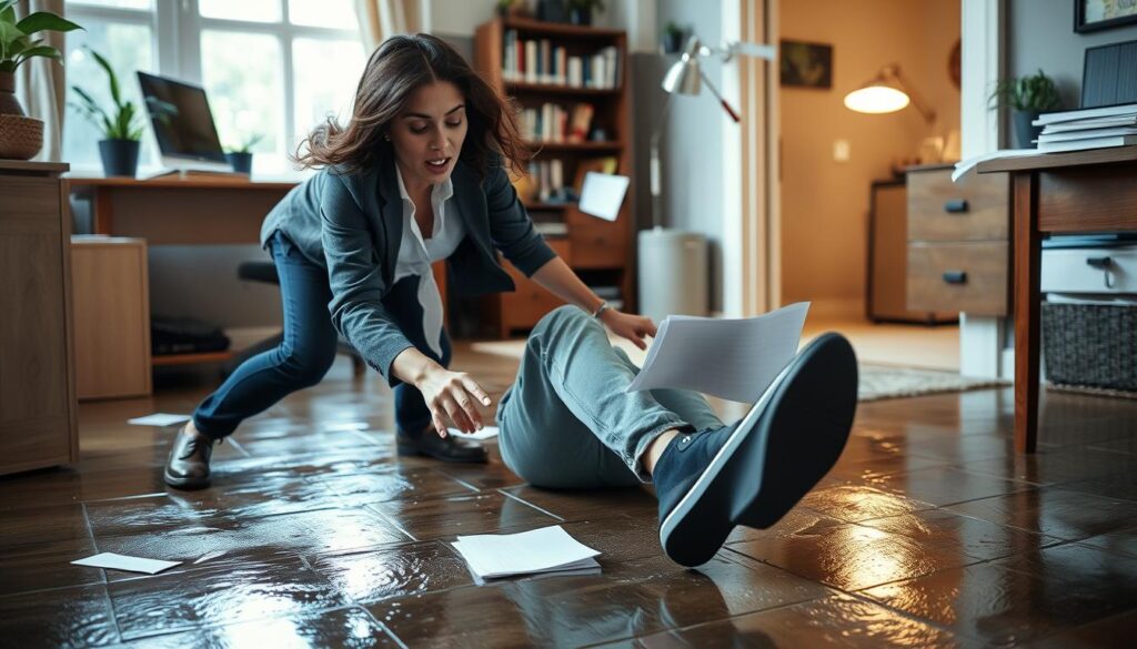 Client slipping on wet floor in home office setting Client slipping on wet floor in home office setting