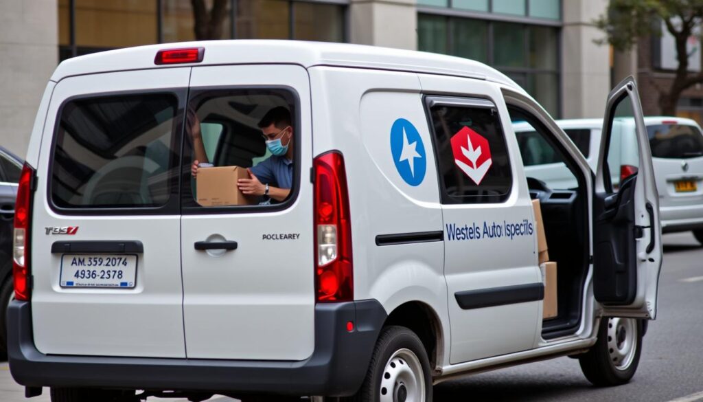 Commercial vehicle with business logo being used for deliveries Commercial vehicle with business logo being used for deliveries