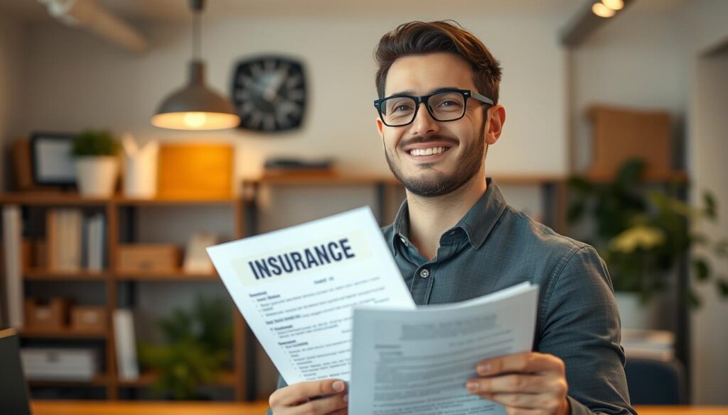 Confident business owner with insurance documents Confident business owner with insurance documents