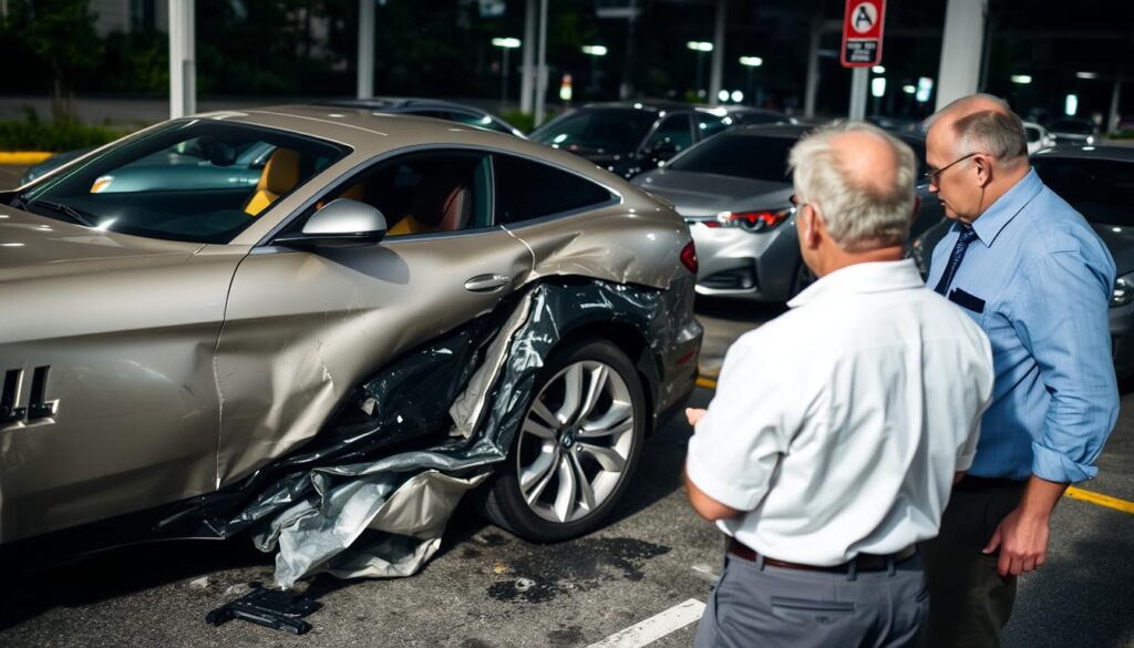 Damaged car in parking lot showing why parking business insurance is essential Damaged car in parking lot showing why parking business insurance is essential