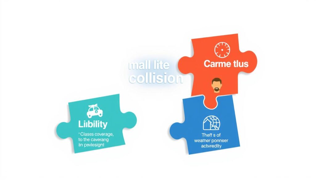 Diagram showing the three main components of auto insurance full coverage: liability, collision, and comprehensive Diagram showing the three main components of auto insurance full coverage: liability, collision, and comprehensive