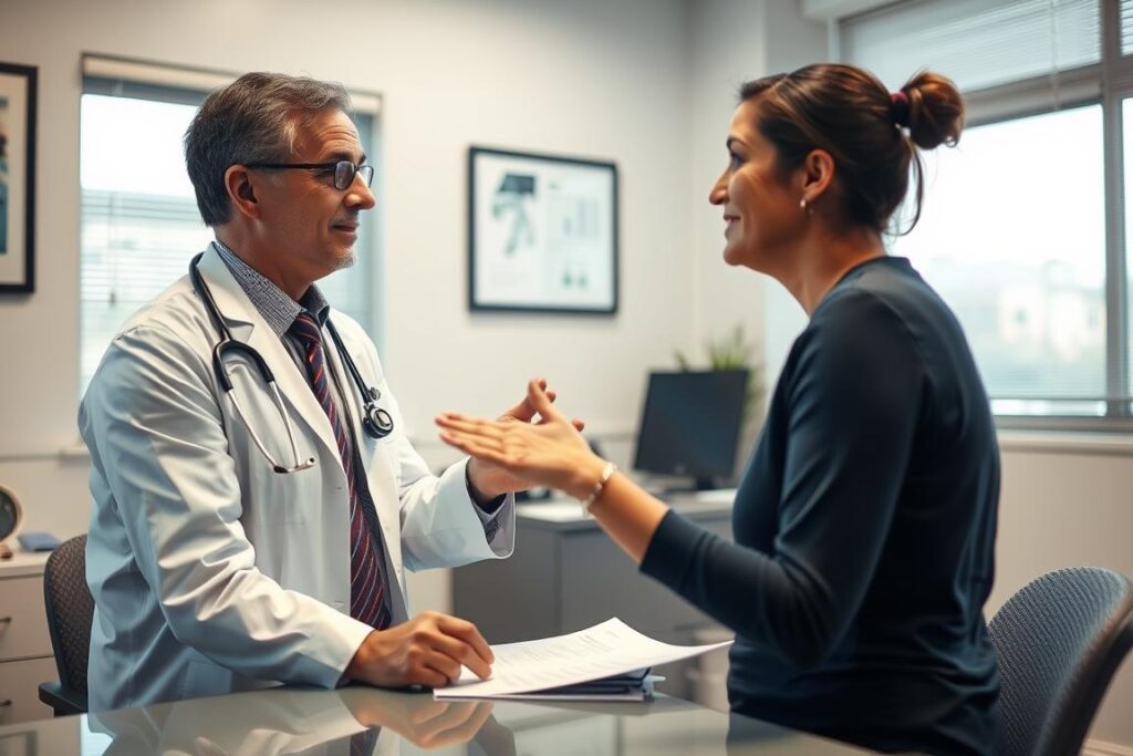 Doctor examining patient with car accident injuries while discussing health insurance coverage