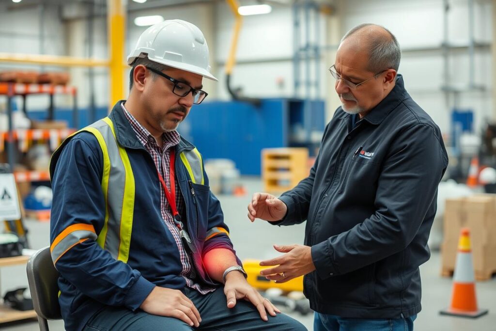 Employee receiving medical attention after workplace injury