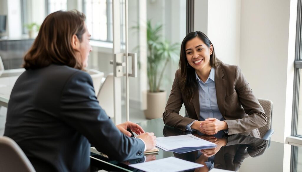 Employer and employee discussing health insurance benefits options