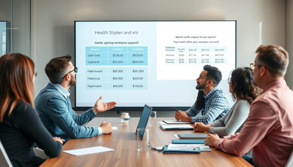 Employer explaining health stipend program to employees