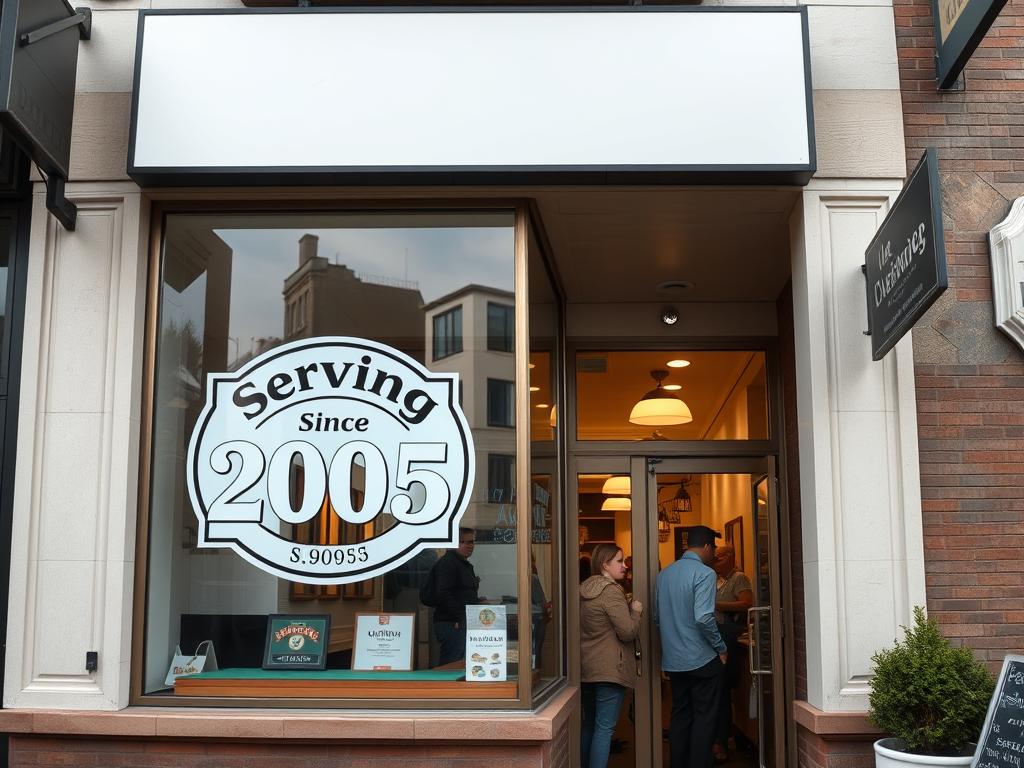 Established business storefront with 'Serving Since 2005' sign