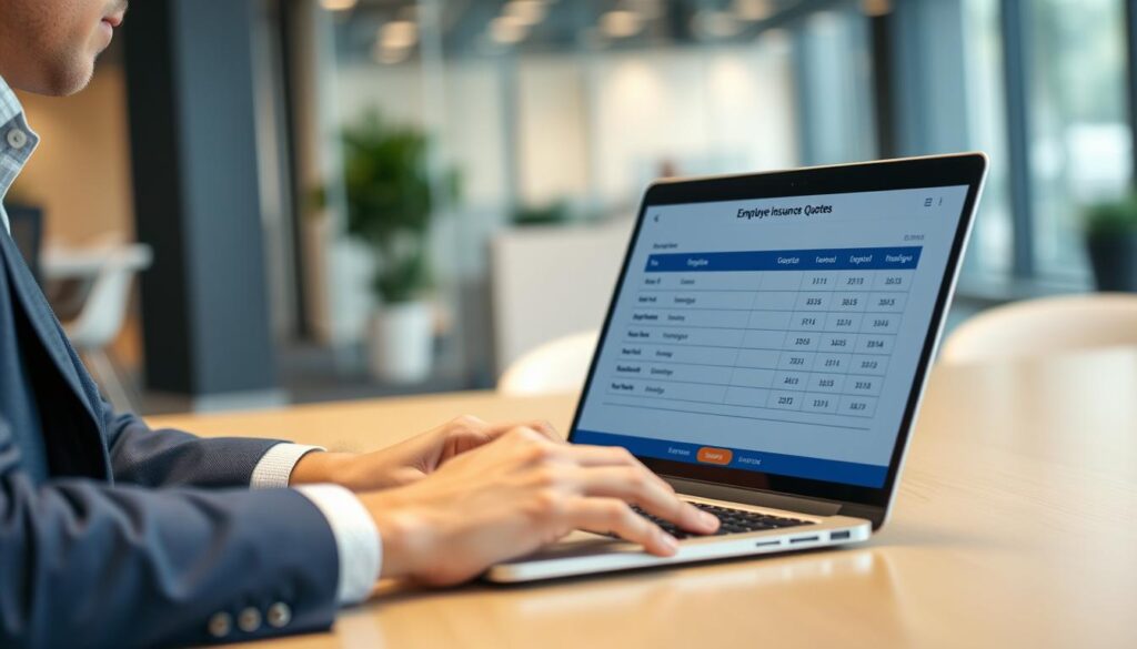 HR manager completing an online form for employer health insurance quotes