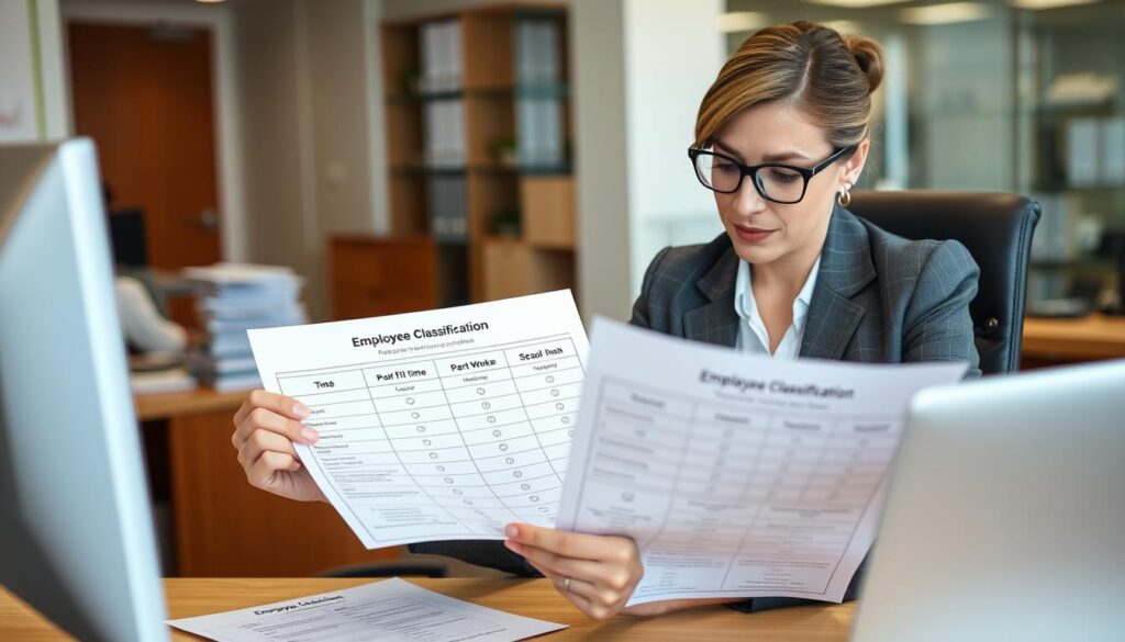 HR manager reviewing employee classifications for health insurance eligibility