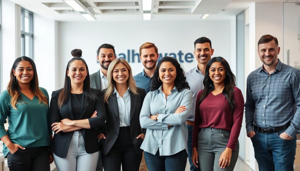 Happy small business team with employer who provides health insurance benefits Happy small business team with employer who provides health insurance benefits