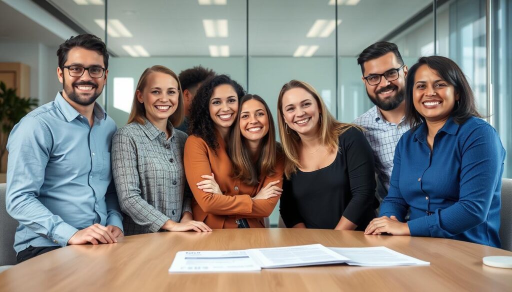 Happy small business team with their employer after implementing health insurance benefits