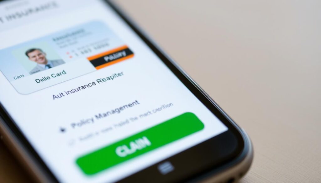 Mobile phone showing auto insurance app with digital ID card and claims features Mobile phone showing auto insurance app with digital ID card and claims features