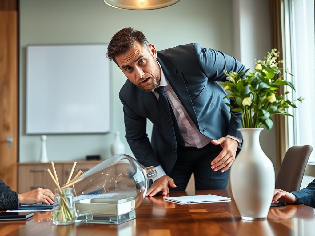 Person accidentally damaging client property during business meeting Person accidentally damaging client property during business meeting