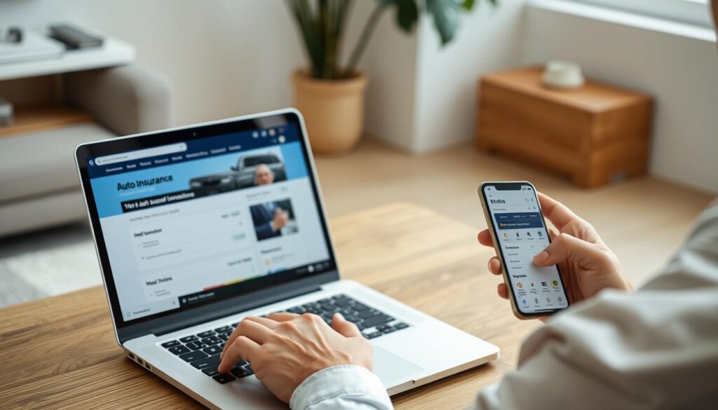 Person comparing auto insurance full coverage quotes on laptop and smartphone Person comparing auto insurance full coverage quotes on laptop and smartphone