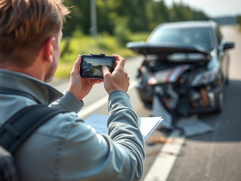 Person documenting car accident scene and injuries for insurance claims