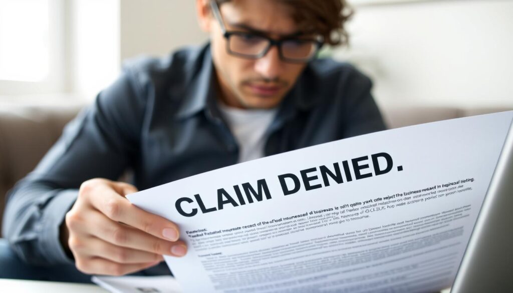Person looking worried while reviewing denied insurance claim documents Person looking worried while reviewing denied insurance claim documents