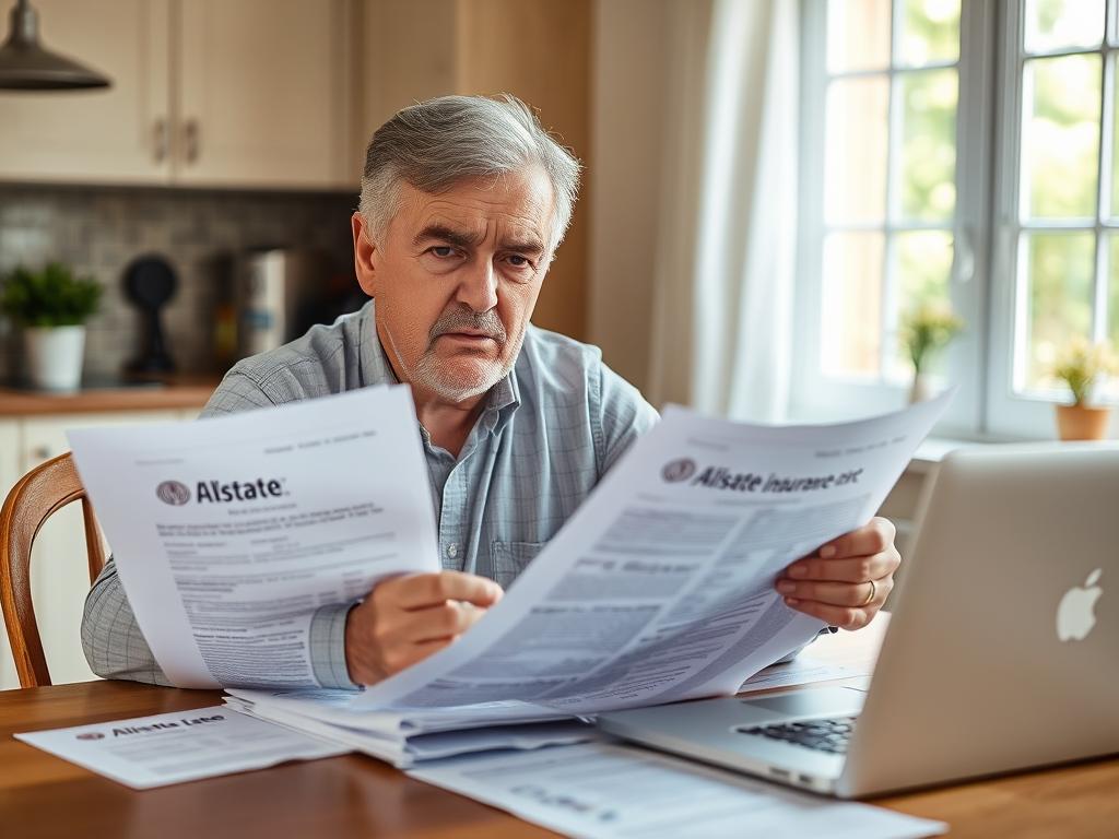 Person reviewing Allstate health insurance documents with a concerned expression