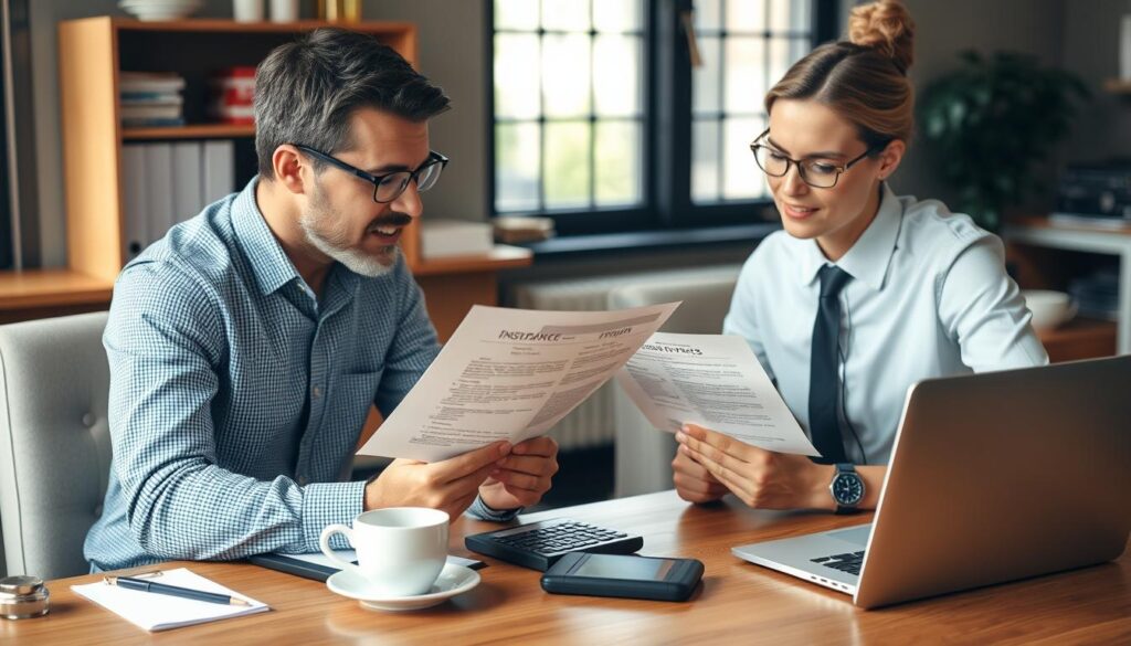 Person reviewing business insurance policy with agent Person reviewing business insurance policy with agent