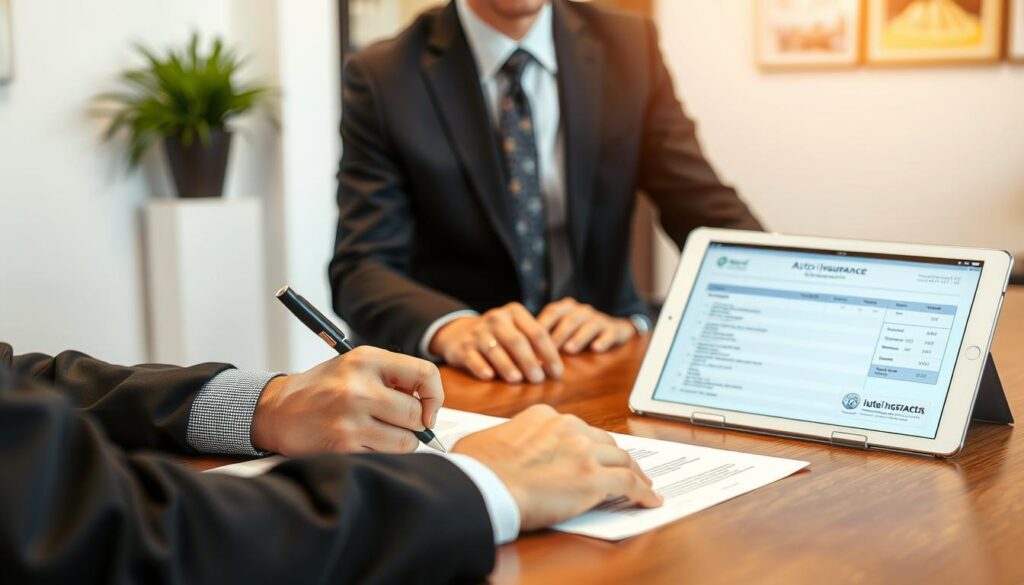 Person signing auto insurance full coverage policy with agent Person signing auto insurance full coverage policy with agent