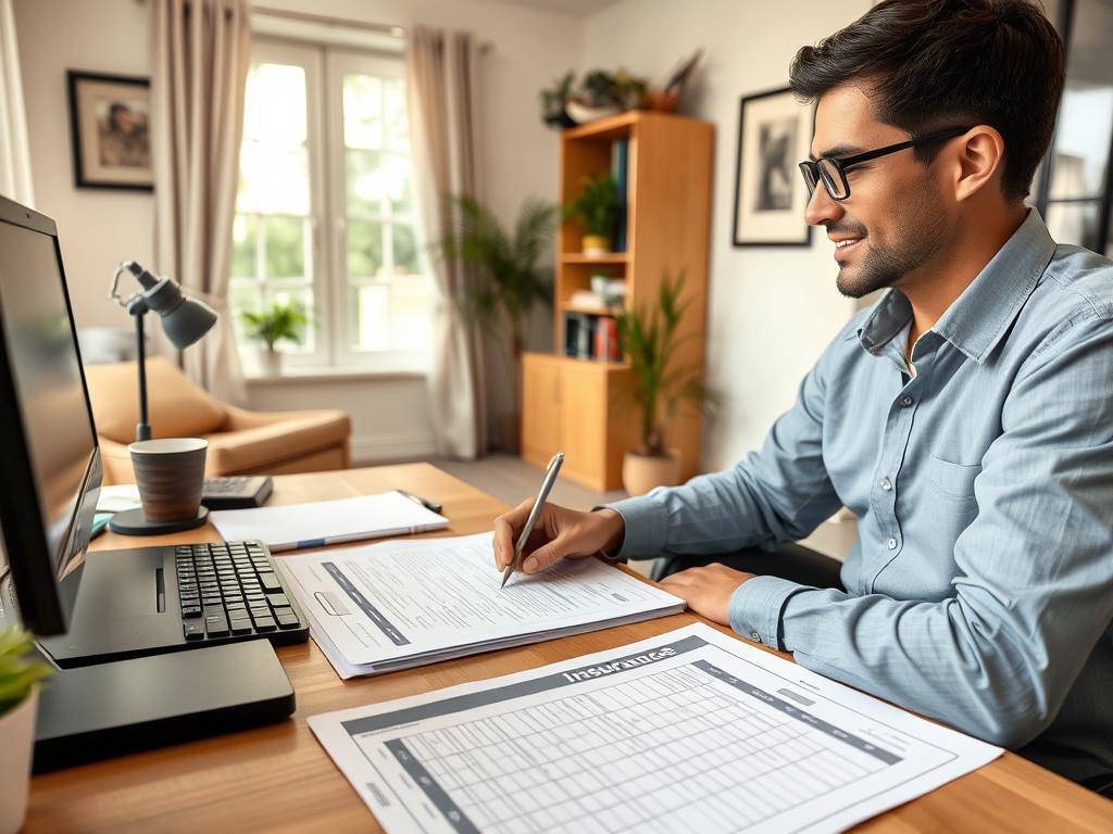 Person working from home office with insurance document Person working from home office with insurance document