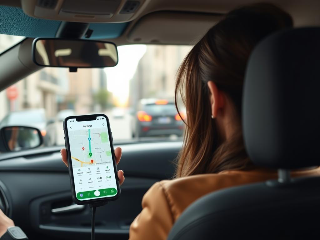 Rideshare driver with passenger and rideshare app visible on phone Rideshare driver with passenger and rideshare app visible on phone