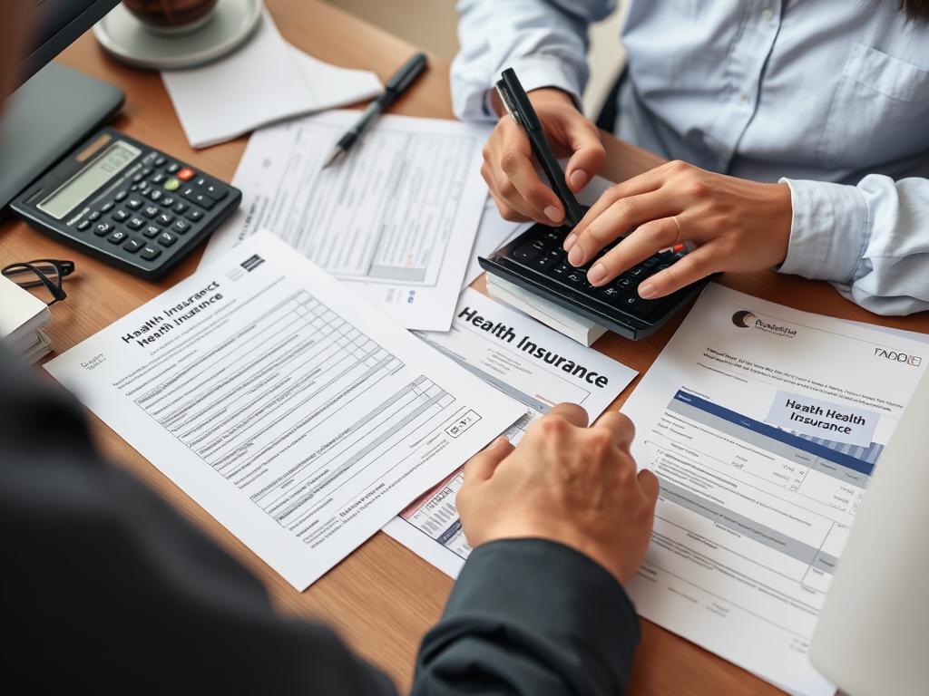 Small business owner calculating health insurance costs with tax credit documents