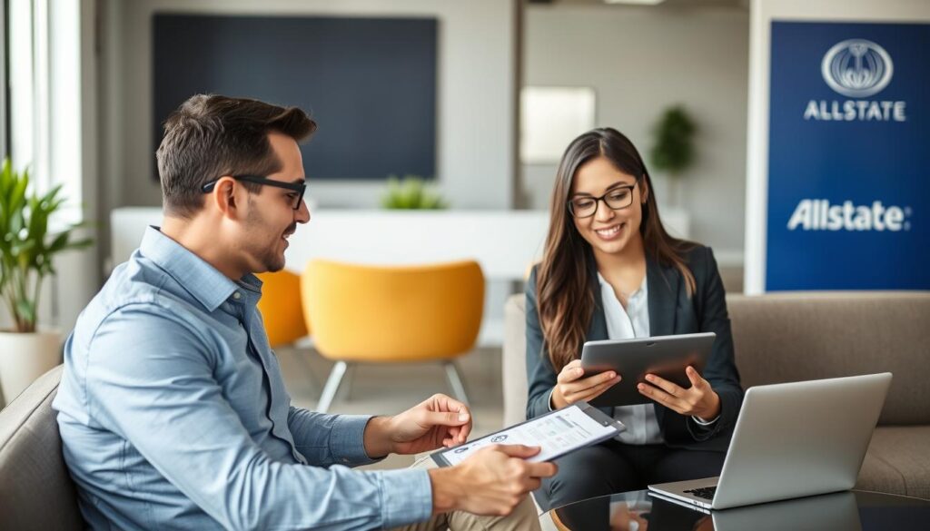 Small business owner discussing employee health benefits with an Allstate representative