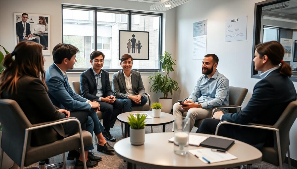 Small business owner discussing health insurance options with employees