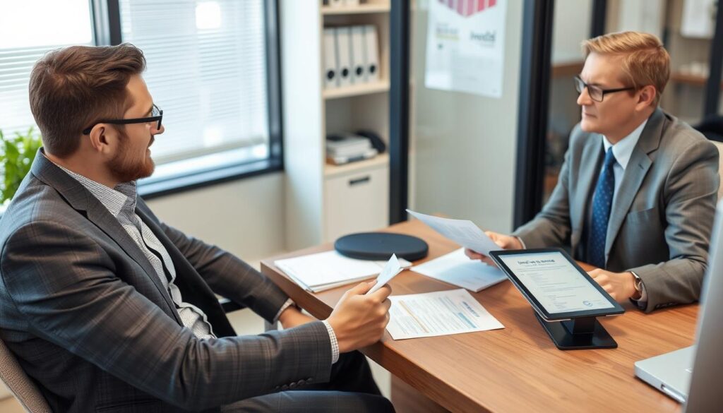 Small business owner discussing health insurance questions with an insurance agent