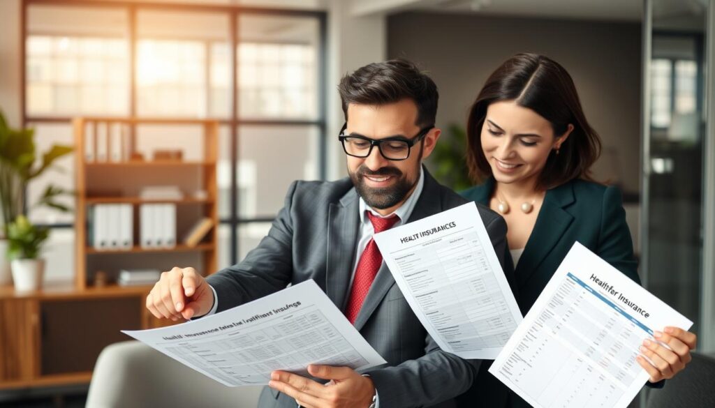 Small business owner reviewing health insurance cost-saving strategies with an insurance broker Small business owner reviewing health insurance cost-saving strategies with an insurance broker