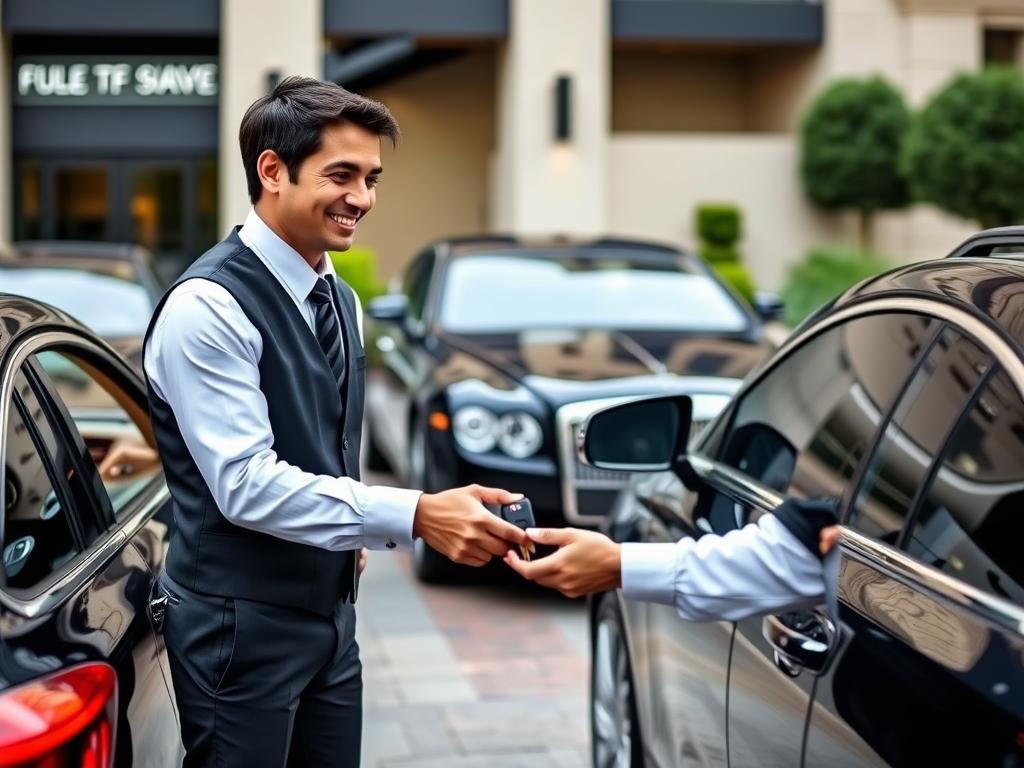 Valet parking attendant handing keys to customer, highlighting insurance for valet parking business needs